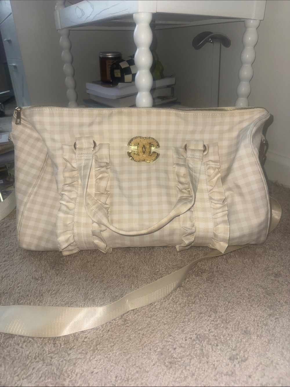 Chic Beige Gingham Ruffle Tote with Gold Accent